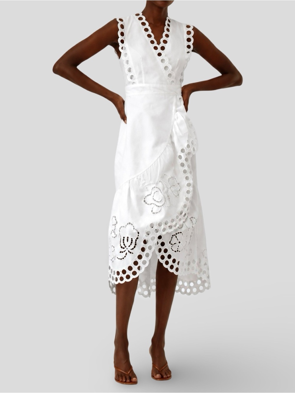 Rebecca Taylor Ariana Eyelet Faux Wrap Midi Dress White Linen Cotton 00